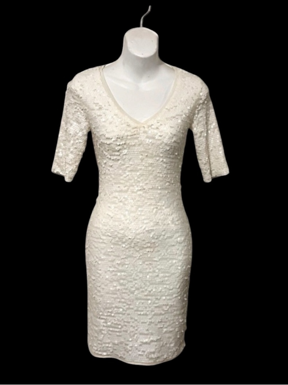 BCBG MAXAZRIA Sequin White Cream Bodycon Bando Short Sleeve V Neck Mini Dress